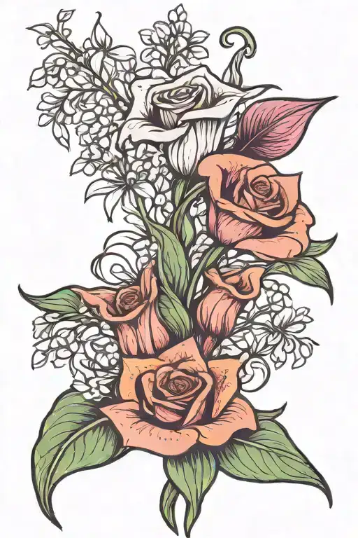 rose, Lilly of the valley, calla Lilly, and aster flower tattoo design idea