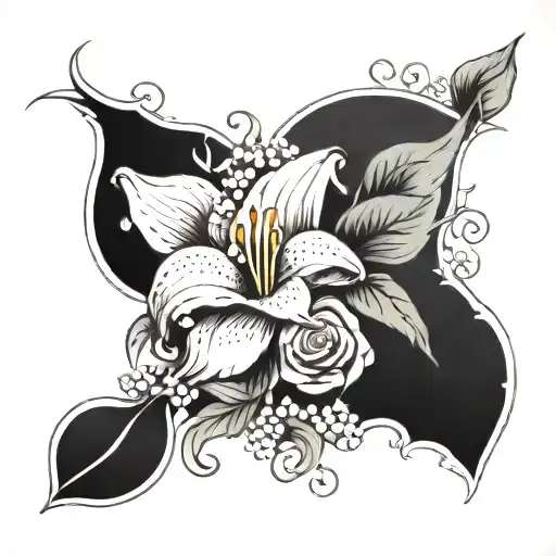 rose, Lilly of the valley, calla Lilly, and aster flower tattoo design idea