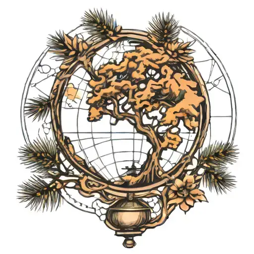 globe and pine tree intertwined tattoo design idea