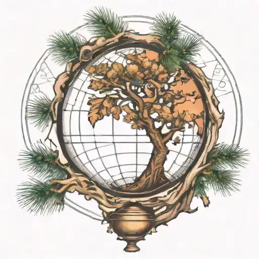 globe and pine tree intertwined tattoo design idea