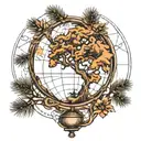 globe and pine tree intertwined tattoo design idea