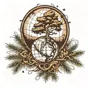 globe and pine tree intertwined tattoo design idea