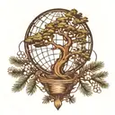 globe and pine tree intertwined tattoo design idea