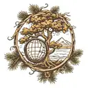globe and pine tree intertwined tattoo design idea