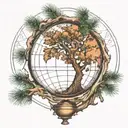 globe and pine tree intertwined tattoo design idea