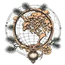 globe and pine tree intertwined tattoo design idea