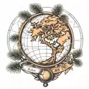 globe and pine tree intertwined tattoo design idea
