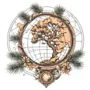 globe and pine tree intertwined tattoo design idea