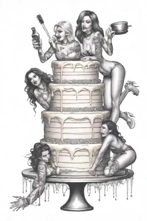 tall cake with sexy curvy girls grinding on it like a stripper pole. detailed faces, big lips gorgeous face tattoo design idea