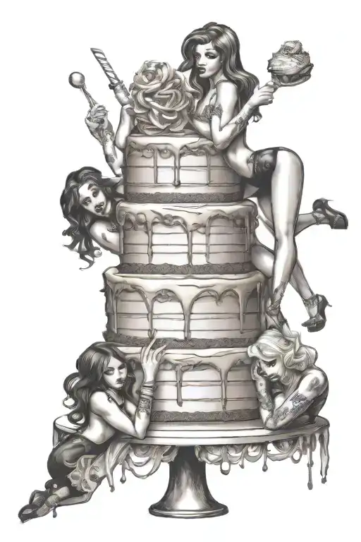 tall cake with sexy curvy girls grinding on it like a stripper pole. detailed faces, big lips gorgeous face tattoo design idea