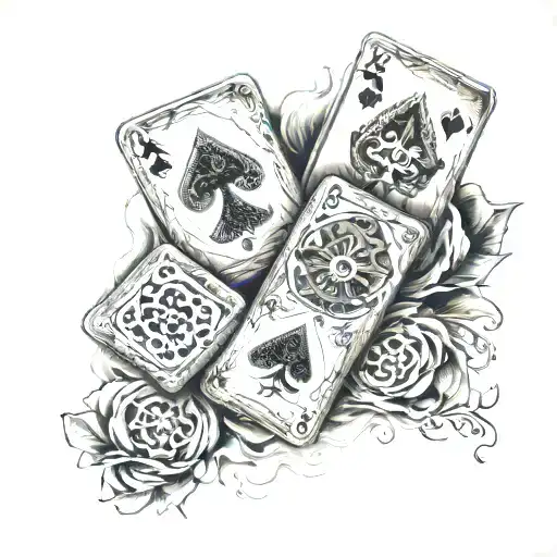 get a tattoo to cover a man's arm in a realistic style that contains: the 4 aces of the deck, the fall of icaro, tattoo design idea