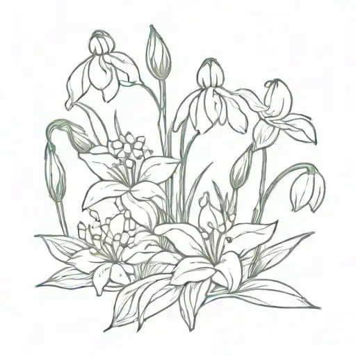 bouquet of 2 snowdrops, 1 daffodil , 1 waterlily, 1 poppy, 1 cosmos, 1 chrysanthemum, 1 holy berry, 1 lily of the valley tattoo design idea