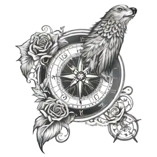 sleeve shapped irish and flemish styling, with wolf, falcon and compass rose tattoo design idea