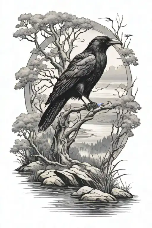 in black and grey tattoo style a crow sitting besides sword in the ground which is next to a river surrounded by trees a tattoo design idea