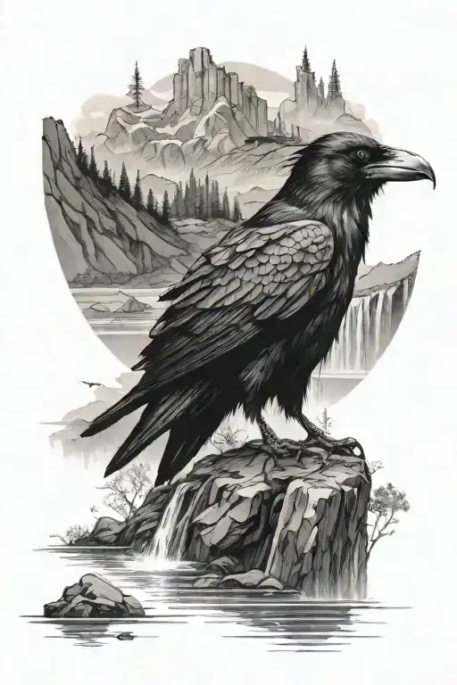 in black and grey tattoo style a crow sitting on an excalibur next to a river surrounded by mountains and trees tattoo design idea