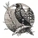 in black and grey tattoo style a crow sitting besides sword in the ground which is next to a river surrounded by trees a tattoo design idea