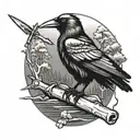 in black and grey tattoo style a crow sitting besides sword in the ground which is next to a river surrounded by trees a tattoo design idea
