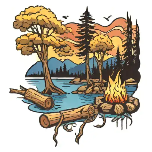 campfire with trees by the river with a tent   tattoo design idea