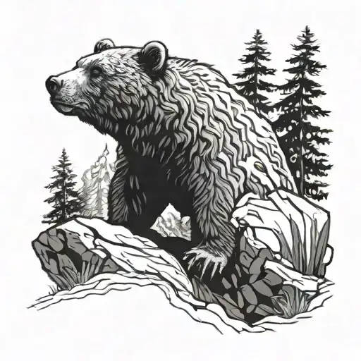 The face of a bear in the forest on a rock tattoo design idea