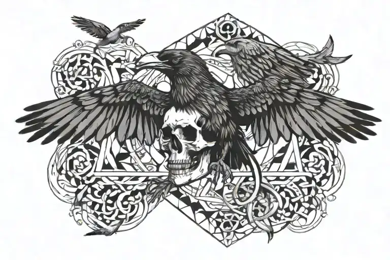 2 crow flying and skull tattoo design idea