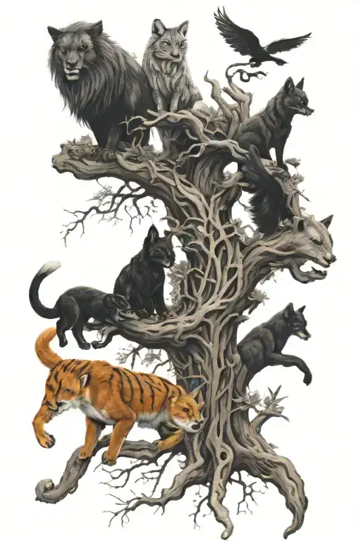 Family tree with four animals, a phoenix, a dragon, a fox with nine tails, and a panther tattoo design idea