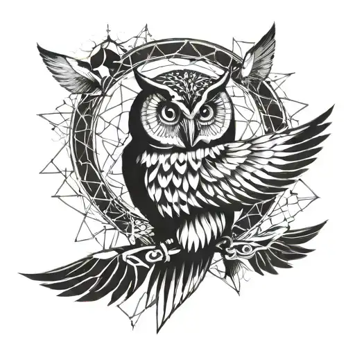 A geometric design incorporating symbols of owl flies towards me  tattoo design idea