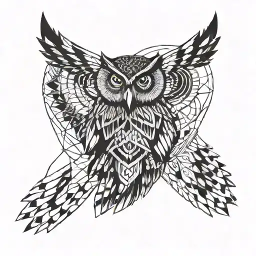 A geometric design incorporating symbols of owl flies towards me  tattoo design idea