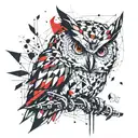 A geometric design incorporating symbols of owl, handwerk  tattoo design idea