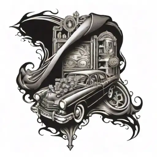 Chicano style sleeve include money dice and car tattoo design idea