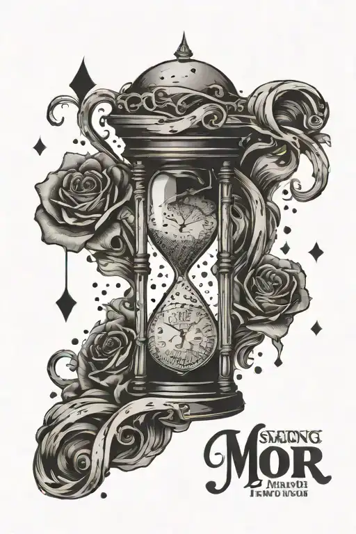 broken hour glass with sand leaking with gothic lettering Memento Mori incorporated  tattoo design idea