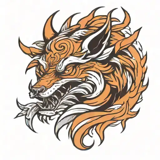fearsome and handsome nine tail fox demon in animal form tattoo design idea