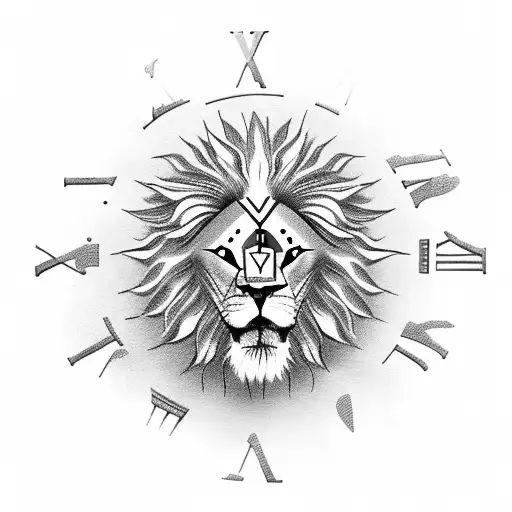 lion with clock with cross with compass tattoo design idea