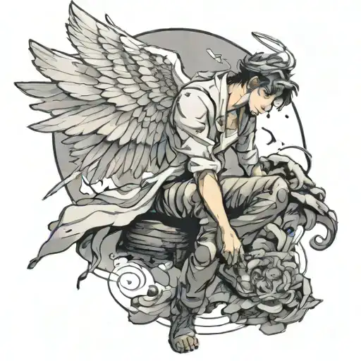 angel man with wings falling from the sky down tattoo design idea