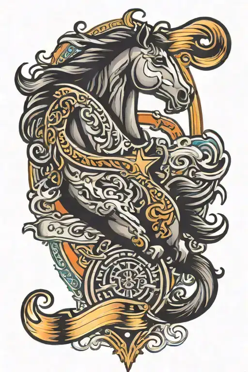 close up mustang tri bar logo on right lower leg sleeve tattoo design idea