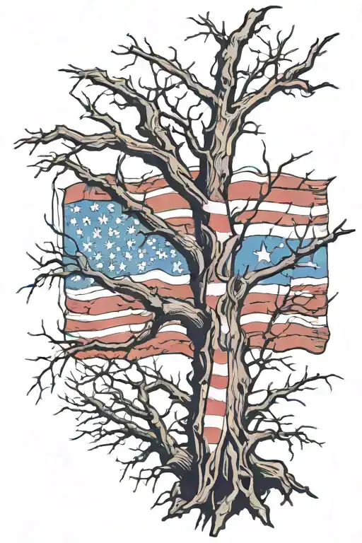 dead tree with three branches wrapped in ripped American flag and barbed wire tattoo design idea