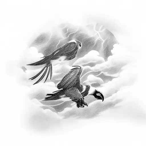 Odin's ravens, Huginn and Muninn, flying through a stormy sky tattoo design idea