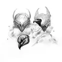 Odin's ravens, Huginn and Muninn, flying through a stormy sky tattoo design idea