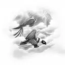 Odin's ravens, Huginn and Muninn, flying through a stormy sky tattoo design idea