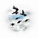 Odin's ravens, Huginn and Muninn, flying through a stormy sky tattoo design idea
