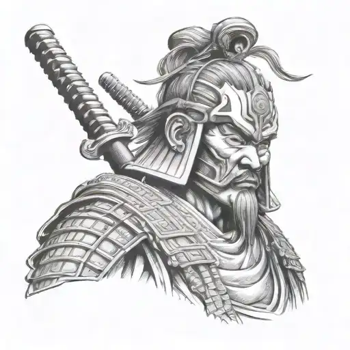 a three-quarter bust of a samurai in traditional clothing with a katana in his hands a temple in background  tattoo design idea