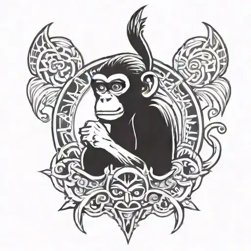 i want a tatoo of wisdom monkey but in totem tiki style, and it's a vertical tatoo, it have a design like FarCry 3 tatoo tattoo design idea