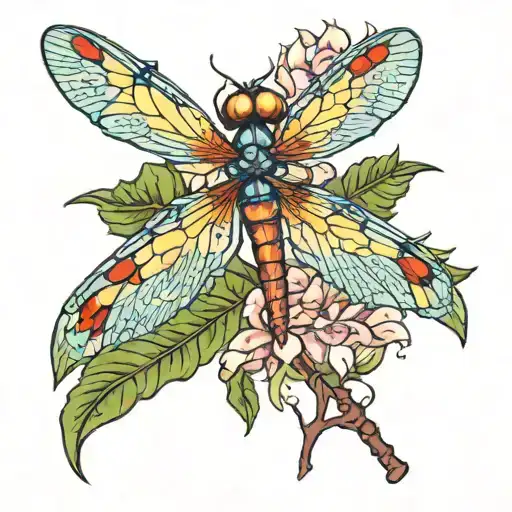 dragon fly on plants tattoo design idea