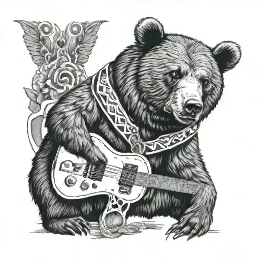 Bear in Mexican ponch playing electric flying V tattoo design idea