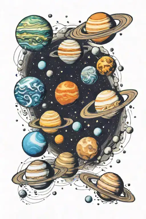 parade of planets of the solar system in a row tattoo design idea