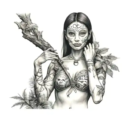 samuria girl holding a mask with the forest in the backgrounds tattoo design idea