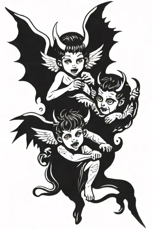 angel and devil children with wings and horns for the devil tattoo design idea