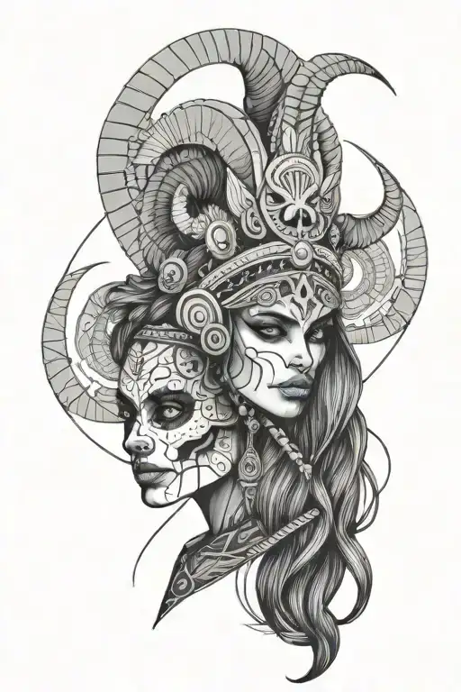 indian girl with skull hat with aries zodiac sign tattoo design idea
