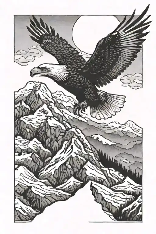 A detailed blackwork tattoo of a majestic eagle flying over a mountain landscape tattoo design idea