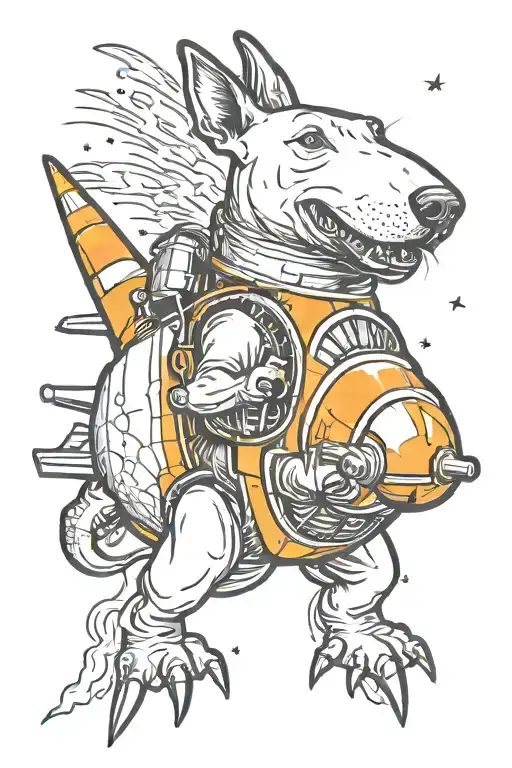 bull terrier taking off in a rocket ship Apollo on the side tattoo design idea