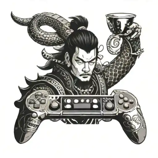 A samurai warrior holding a coffee cup in one hand and a game controller in the other, with a pixelated dragon in the background tattoo design idea